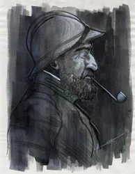 Primeira Guerra Mundial 1914-1918: Retrato de perfil de um soldado do exército italiano fumando cachimbo em 1915. Desenho de Alessandro Lonati