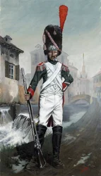 Primeiro império (1804-1814 e 1815): soldados granadeiros italianos perto do canal de Milão com a catedral ao fundo. Desenho de Alessandro Lonati