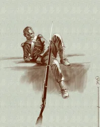 Primeiro império: soldado de infantaria leve em repouso durante uma campanha de Napoleão I (provavelmente na Rússia) Início do século XIX. Ilustração de Alesandro Lonati. 2010