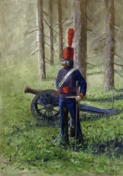Primeiro império: membro da artilharia revolucionária perto de seu canhão. Desenho de Alessandro Lonati