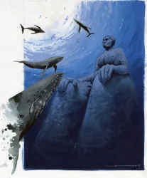 アトランティス海の下に消えた島の神話のイラスト: 伝説の島の遺跡周辺の深海にいるクジラ. アレッサンドロ・ロナティによるカラードローイング。