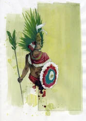 Retrato de Moctezuma (Montezuma) II (1466-1520) Imperador Asteca (Retrato do imperador asteca Moctezuma II) Ilustração de Alessandro Lonati