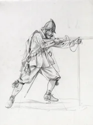 17 世紀の船兵が発砲位置にいる肖像画。 アレッサンドロ・ロナティの絵。