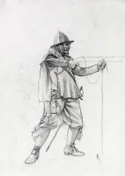 17 世紀の船兵が発砲位置にいる肖像画。 アレッサンドロ・ロナティの絵。