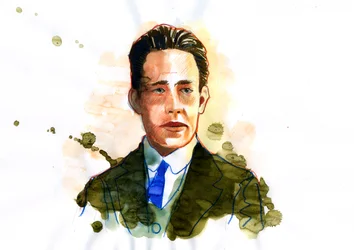 デンマークの原子核物理学者ニールス・ボーア (1885-1962) の肖像 (デンマークの物理学者ニールス・ボーア) イラスト: アレッサンドロ・ロナティ