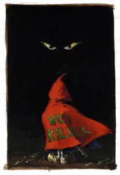 Charles Perrault (1628-1703) による赤ずきんの再訪: 赤ずきんは、赤いコートの下に散弾銃を隠して暗闇の中でオオカミの目に直面している「オオカミキラー」. アレッサンドロ・ロナティの絵