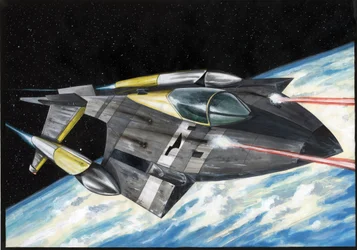 空想科学小説のイラスト: 宇宙や宇宙を征服する宇宙船は、惑星地球にレーザー光線を引き寄せます。 アレッサンドロ・ロナティの絵