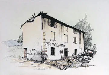 第二次世界大戦: 占領下のイタリアの廃墟の家の眺め。 アレッサンドロ・ロナティの絵