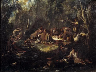 修道院生活のシーン僧侶の朝食、下草で祈ったり読んだり。アレッサンドロ・マニャスコによる絵画