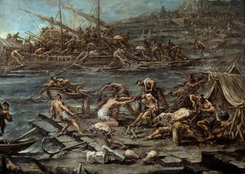 ゲネス港でのガレリア人の乗船詳細。アレッサンドロ・マニャスコ（1667-1749）による絵画。ディム。1.16 x 1.42.ボルドー、美術博物館