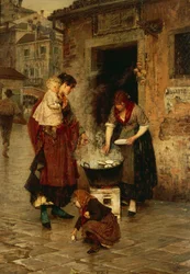 アレッサンドロ・ミレシ（1856-1945）作「ヴェネツィアの貝売り」、油彩・キャンバス、91x65cm。イタリア、20世紀