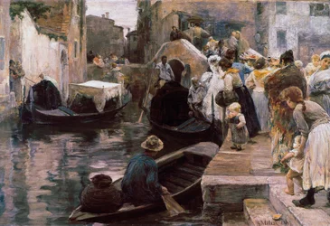 ""Wedding in Venice"" ゴンドラに乗る新婚夫婦。 アレッサンドロ・ミレシ (1856-1945) 1897 ローマの絵画。 国立近代美術館