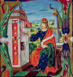 ロンバーディ学校のソロモン王を描いた歴史的な最初の「A」、c.1499-1511