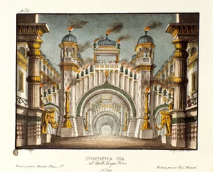 ジンギスカン時代の寺院 イタリア人振付師ジョヴァンニ・ガルツェラーニ（1780-1865）によるバレエ「ジンギスカン」のシナリオ（1828年）。アレッサンドロ・サンキリコ（1777-1849）の1830年の風景画の発明の記録」のリトグラフ。ミラネーゼ・プライヴェート