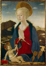 聖母には子供がいます。 どちらも金色の後輪をつけています。 Alessio Baldovinetti (1425-1499) による木に絵を描く 15 世紀の Sun。 1,06x0,75メートル