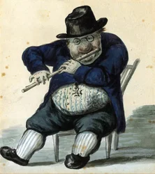 建築家ジャコモ クアレンギ (1744-1817) の似顔絵。 (建築家 G. Quarenghi の似顔絵の肖像画)。 サンクトペテルブルクの主な建築家である彼は、双眼鏡を着てフルートを演奏し、名誉勲章を持って表されています。