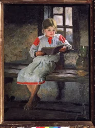 素晴らしい読み物。 窓辺に座って本の話に夢中になっている少女。 Alexander Alexeyevich Kiselev (1855-after 1918) による絵画、キャンバスに油彩、1890 年頃。19 世紀のロシアの芸術。 トレチャコフ・ガ州