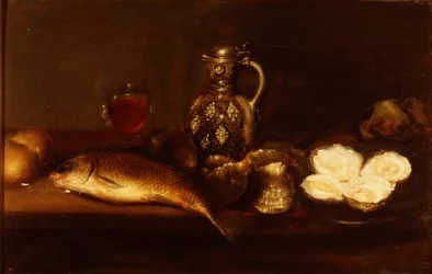 ストーンウェアの水差しと魚と牡蠣を使った朝食の静物画