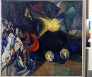 蒸気機関。 Alexander Konstantinovich Bogomazov (1880-1930) による絵画。 キャンバスに油彩