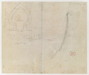 クック船長の最初の航海を示す、インドのインクで描かれた「Drawings」からのボートのスケッチの詳細