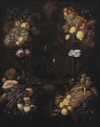 フルーツの花輪とワイングラスのカルトゥーシュ
