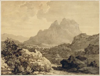 山岳風景、c.1780（茶色の地面で準備された紙に灰色と茶色のウォッシュ）