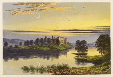 スコットランドの湖の風景：リンリスゴー湖（カラーリトグラフ）