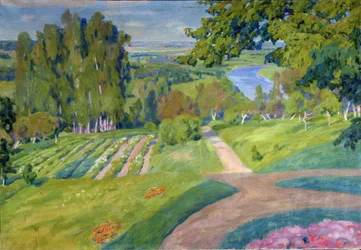 田舎の不動産。 Alexander Fyodorovich Gaush (1873-1947) による絵画、キャンバスに油彩、1910 年頃、ロシアの芸術、アール ヌーボー。 地域 M.Vrubel Art Museum、オムスク (ロシア)。