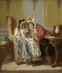 小さな絵を調べる二人の女性 写真を見ている二人の女性