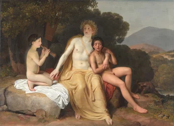 ロシア語：「音楽を奏で歌うアポロン、ヒュアキントス、キュパリッソス」Apollo, Hyacinthus and Cyparissus making music and singing