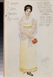 ピョートル チャイコフスキー (1840-1893) によるオペラ「エフゲニー オネーギン」の女性準備衣装 (P チャイコフスキーによるオペラ エフゲニー オネーギンの衣装デザイン) - アレクサンドル ヴァレンティノヴィッチ スレディン (スレディン) (1872-1934) の作品、水彩と鉛筆紙の上に