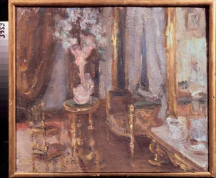 部屋での夜 - Alexander Valentinovich Sredin (Sredine) (1872-1934) の作品、厚紙に油彩 - ロシア美術、19 世紀後半から 20 世紀初頭、モダニズム - State Regional I Pozhalostin Art Museum、リャザン (ロシア)