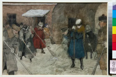 冬の通りで雪を掃く人々 - アレクサンドル・イワノビッチ・ヴァクラメエフ (1874-1926) 作、1921年頃 - 除雪 - 水彩、白色、紙に黒いチョーク、アレクサンドル・イワノビッチ・ヴァクラメエフ (1874-1926)、1921年頃 - 21.4x29 .5cm - セント