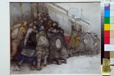 すでに満員のトラムに乗ろうとする人々 - アレクサンドル・イワノビッチ・ヴァクラメエフ (1874-1926) のアートワーク