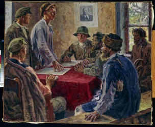 1918 年の貧農委員会の会合 (1918 年の貧農委員会の会議)。 Alexander Viktorovich Moravov（Alexander Victor）（1878-1951）による絵画、キャンバスに油彩