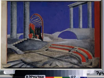 Edition Decors de Theater のステージ デザイン レビュー。 Alexandra Alexandrovna Exter (1882-1949) の作品、紙に水彩とグワッシュ、1920 年半ば。 ロシアの風景画、20 世紀。 コ