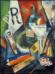 本とフルーツボウルのある静物