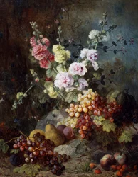 ブドウ、洋ナシ、プラム、ラズベリーの花と果実の静物画。アレクサンドル・クーデル（1808-1879）個人蔵。
