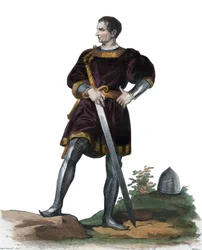 フランス巡査クリソン (1336-1407) によるオリヴィエ 5 世の肖像画。 エドモンド・メネシェ作「フランスのプルタルコス」の挿絵