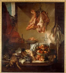 ジビエ、果物、肉などの台所内部の静物画。フランソワ・デスポータス（1661-1743）作 18世紀 シャロン・シュル・マルヌ美術館蔵
