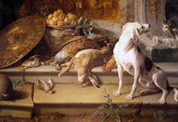 猟犬と獲物（ノウサギ、キジ、ヤマウズラ）のある静物、部分。フランソワ・デポルト（1661-1743）作、18世紀、ジアン、狩猟博物館