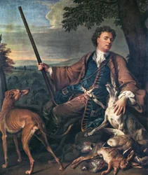 フランス語：M. Desportes portrait de M. Desportes peint par lui-même avec du gibier mort à ses pieds（狩人としての画家の肖像）狩衣を着た自画像