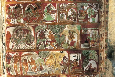 インド、タミル・ナードゥ州、チダンバラム、ナタラヤ寺院、パールヴァティのための祠のシヴァの生涯を描いたフレスコ画、5世紀