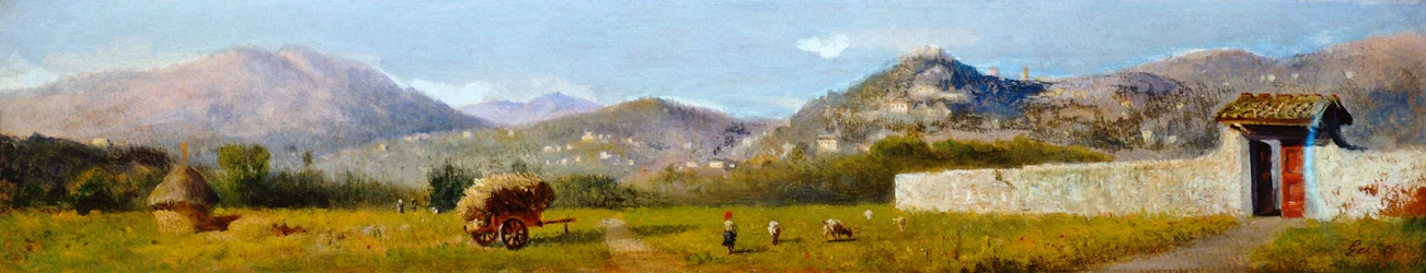ロレンツォ・ゲラティ（1824-1893）の「トスカーナの風景」、厚紙に油彩