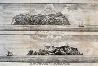 アレハンドロ・セルカーク島またはマス・アフエラ島の眺め、ファン・フェルナンデス群島、チリ、彫刻作品