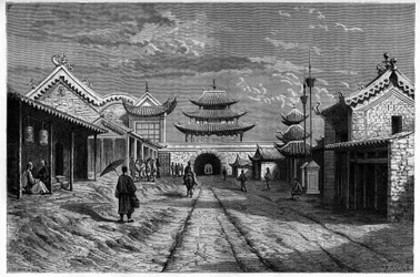 中国、「ユンテンシアン」の通りからの眺め。エドゥアール・シャルトン編集の「Le Tour du Monde, Nouveau journal des Voyages」に掲載されているA.de Barの絵をもとにしたエングレーヴィング。