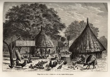 冬のDiour村（スーダン）と共同体が育てた動物たちの中での住民の日常活動、1868年から1871年のアフリカの中心部への旅を描いたA.de Barの絵の後の彫刻、Georges Schweinfurt博士によるもの