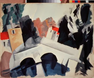 Un pont (A bridge) - Alexei Alexandrovich Uspenski (1892-1941) の作品、紙にグワッシュ
