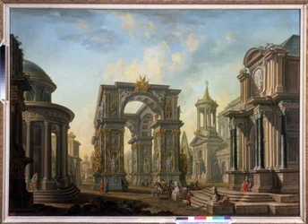 建築ファンタジー。 Alexei Ivanovich Belsky (1730-1796) による絵画。 キャンバスに油彩