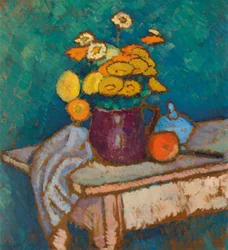 布のある静物、水差しとリンゴの花、1909-1910。